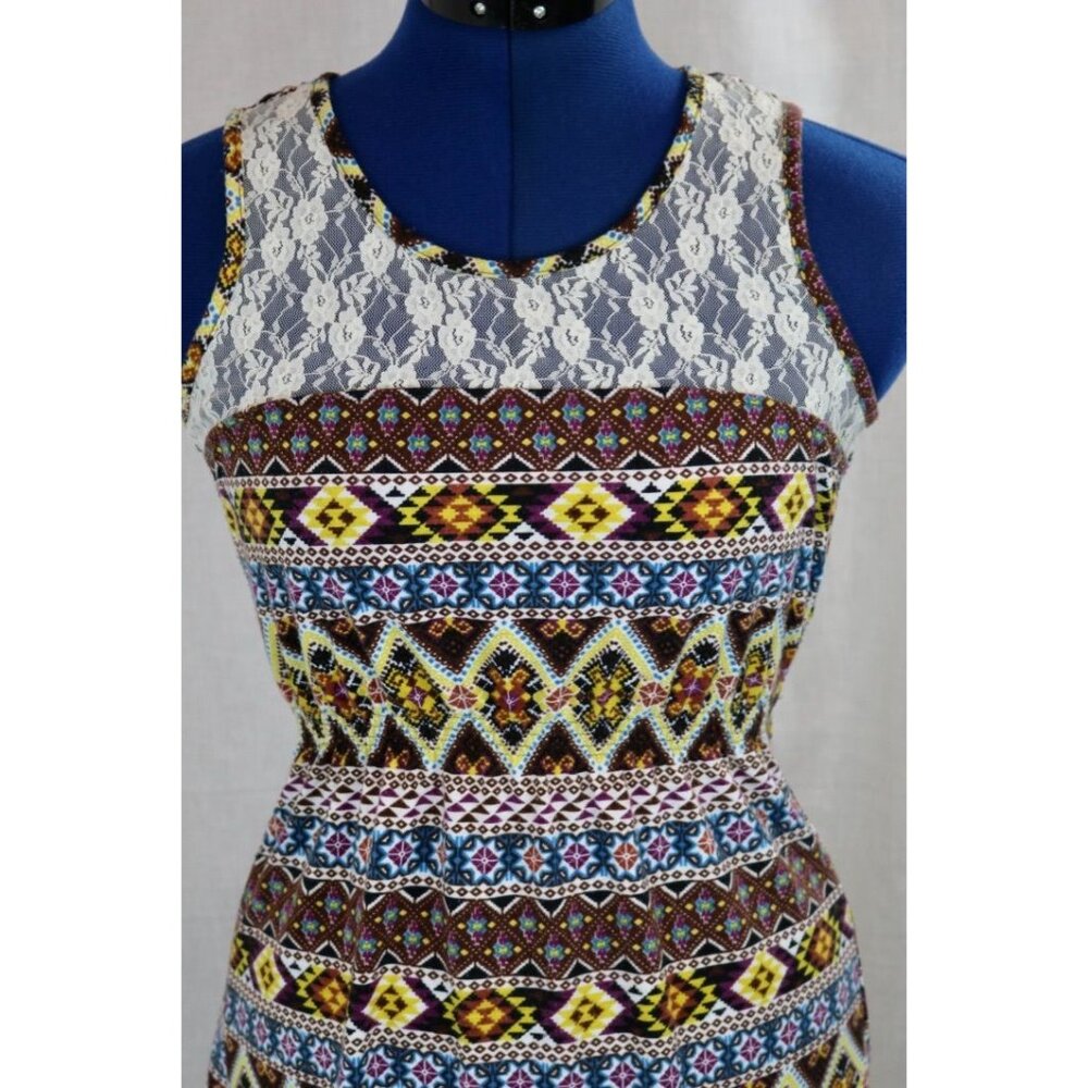 Womens M Tribal Boho Chic Lace Mini Dress Festival Artsian Capsule Multicolor - Picture 4 of 7